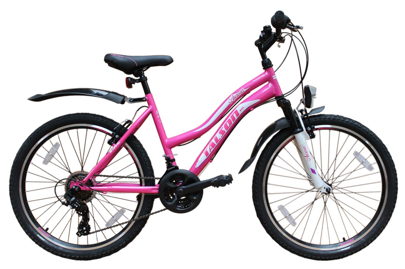 Talson 24 Zoll Mädchen Fahrrad MTB mit Beleuchtung und Shimano 21-Gang Kinderfahrrad Rosa