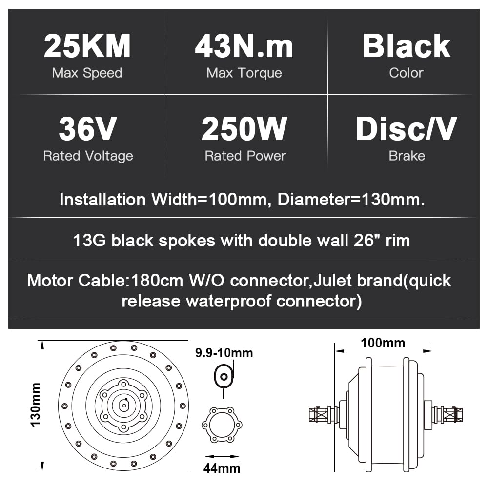 SEASON 26''/ 28''(700C) E-Bike Umbausatz 36V 250W Frontmotor mit 36V Akku, für Vorderrad, mit integriertem Controller und Ladegerät (26'' Kit+36V18Ah Akku)