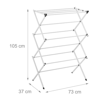 Relaxdays Wäscheständer klappbar, 11 Stangen, 6 Ebenen, HBT: 105x73x37 cm, Wäscheturm, Metall Wäschegestell, weiß