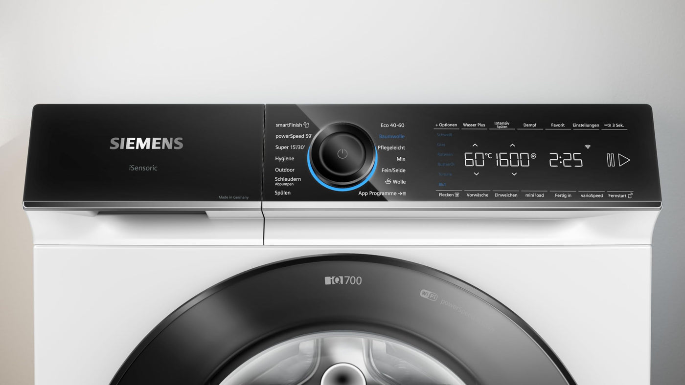 Siemens WG46B2071, iQ700, Smarte Waschmaschine 9 kg, 1600 UpM, Made in Germany, Antiflecken-System, smartFinish Bügelhilfe, schneller Waschen mit speedPack XL, Mini load für Einzelteile, aquaStop