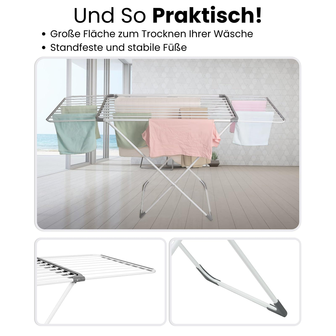 Coastech Wäscheständer - Ausziehbarer Wäscheständer für stabiles, rutschfestes und platzsparendes Wäschetrocknen - 136cm x 5.5cm x 57cm