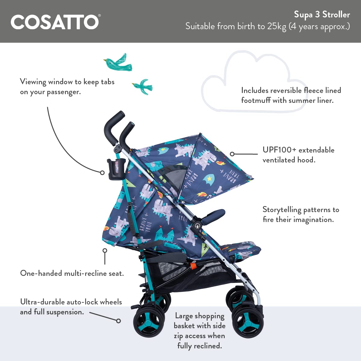 Cosatto Supa 3 Buggy mit Fußsack – Leichter Kinderwagen, Ab Geburt bis 25kg – Leicht & kompakt mit Schirmfaltung, großer Korb, Getränkehalter (On The Prowl)
