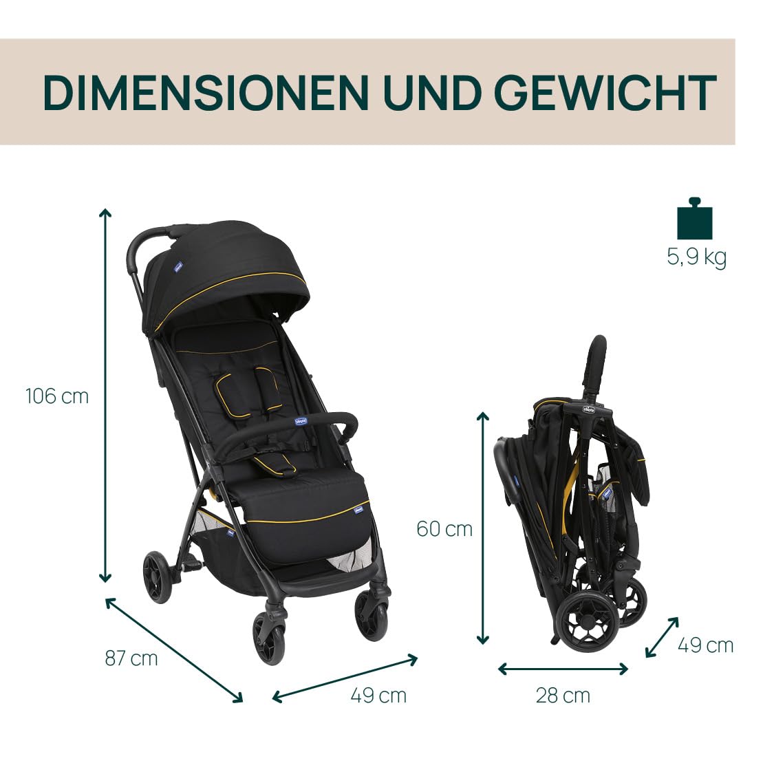 Chicco, Glee, Kinderwagen ab 0 Monate bis 4 Jahre, mit Automatik- und Kompaktverschluss, Ausziehbares Verdeck mit Lichtschutzfaktor 50+ und Regenschutz, 3-stufig verstellbare Rückenlehne, Beinauflage