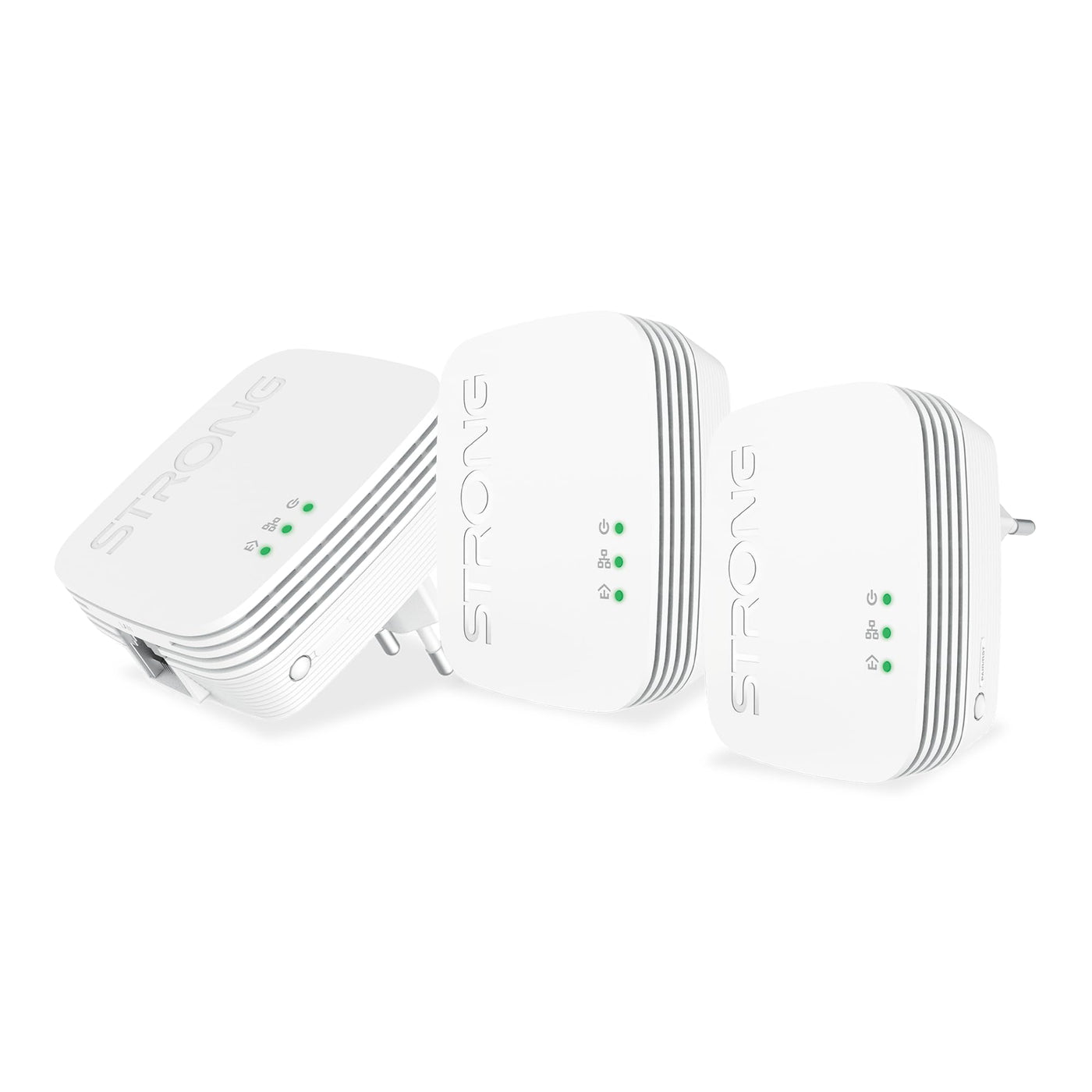 STRONG | Powerline 600 Triple Set Mini | 3 Powerline-Adapter 600 Mbps | Highspeed-Internetzugang | 300 m Reichweite | Für alle Boxen/Router | LAN-Anschluss | Plug & Play-Installation | weiß