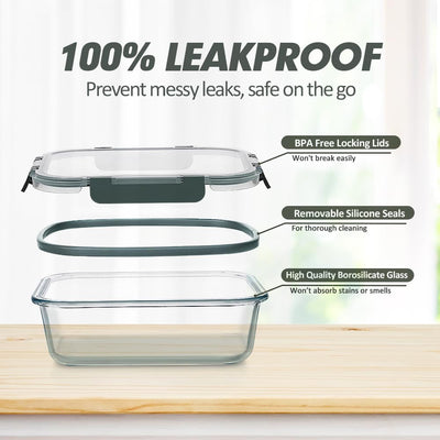 VERONES 24 Stück Glas Crisper Set, luftdichte Glas-Lunchboxen, stapelbare Glas-Lunchboxen mit Deckel, gefrier- und spülmaschinenfest, grau