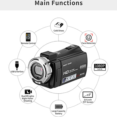 ORDRO V12 Videokamera Camcorder Full HD 1080P 30FPS Infrarot Nachtsichtkamera 3.0 Zoll LCD Bildschirm 16X Zoom Camcorder mit 16GB Memory Karte Fernbedienung und 2 Akkus