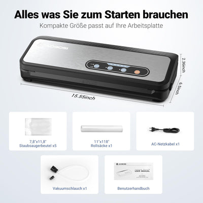 Aobosi Vakuumiergerät, 90Kpa 8-IN-1 für trockene/feuchte Lebensmittel, Inkl. Cutter und Beutelaufbewahrung, Beutelrolle & 5 vorgeschnittene Beutel, Vakuumschlauch für Kanister