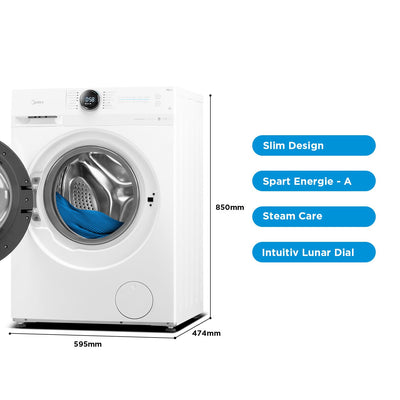 Midea MF200W80WB-14AS Waschmaschine/8KG /Energieeffizienzklasse A/Mengenautomatik/Steam Care/Nachlegefunktion / 1400 U/min/Zeitsparen - Turbo Wash/nur 48 cm tief/APP-Steuerung, AquaStop, Weiß