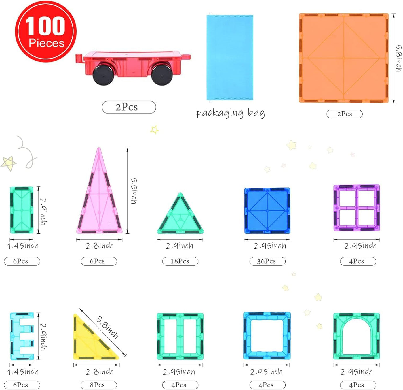 Magnetische Bausteine 100Pcs für Kinder ab 3+ Jahre Starke Magnet Montessori Spielzeug Kinder STEM-Lernspielzeug-Geschenk zur Förderung der Kreativität für Jungen Mädchen (100 pcs)