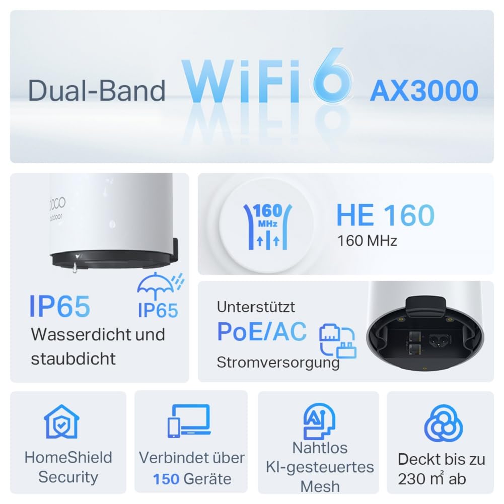 TP-Link Deco X50-Outdoor Wi-Fi 6 Mesh WLAN, AX3000 Dualband Router (2× Gigabit ports, 802.at PoE, Außenbereich, Kompatibel mit allen Deco-Modellen)