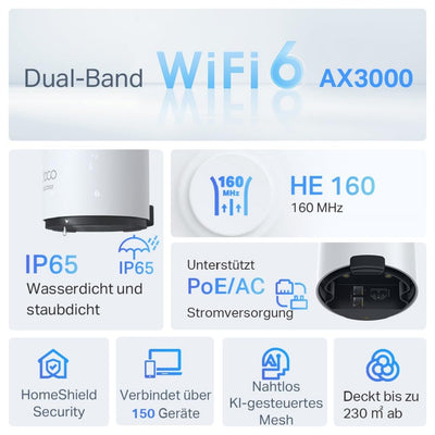 TP-Link Deco X50-Outdoor Wi-Fi 6 Mesh WLAN, AX3000 Dualband Router (2× Gigabit ports, 802.at PoE, Außenbereich, Kompatibel mit allen Deco-Modellen)