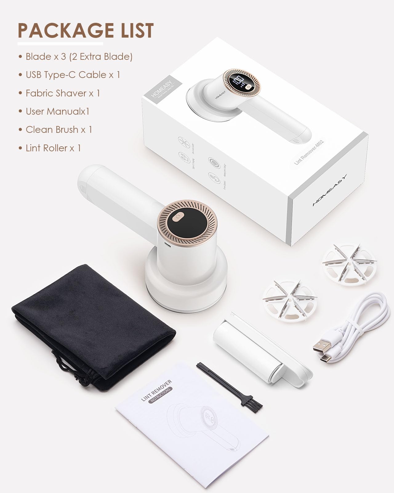 HOMEASY Fusselrasierer Elektrisch Tragbar Fusselentferner Aufladbar Fusselfräse LCD Anzeige mit 6 Klingen Kopf 3 Geschwindigkeiten 2 Ersatzklingen Reinigungsbürste Weiß