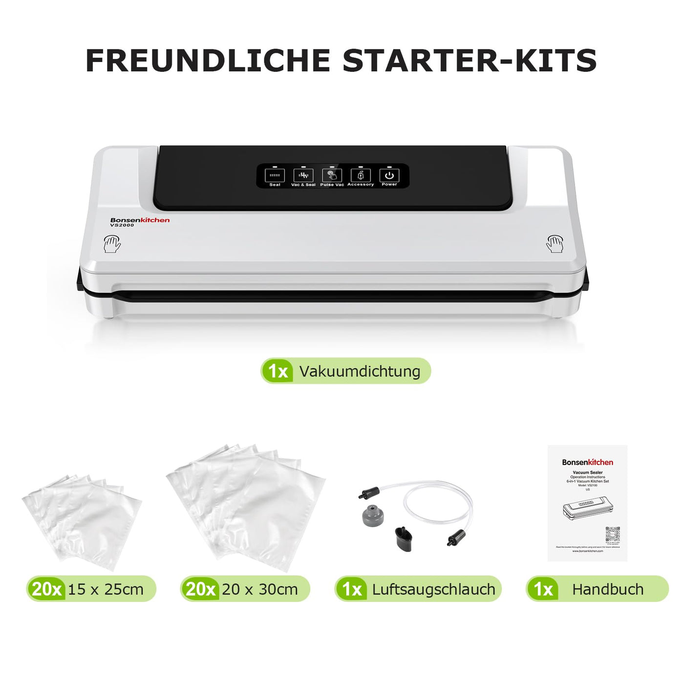 Bonsenkitchen Vakuumiergerät, Vakuumierer für kontinuierliches Arbeiten mit hoher Geschwindigkeit, Folienschweißgerät für Lebensmittel, inkl. 40 Vakuumier-Beutel und Schlauch (Weiß)