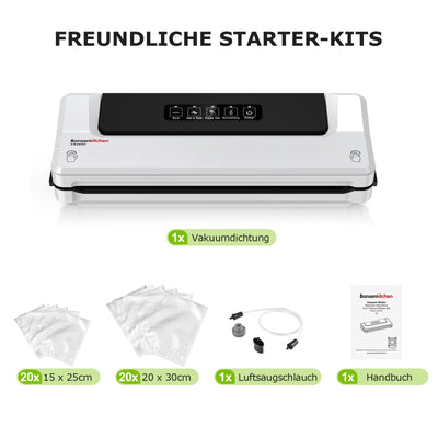 Bonsenkitchen Vakuumiergerät, Vakuumierer für kontinuierliches Arbeiten mit hoher Geschwindigkeit, Folienschweißgerät für Lebensmittel, inkl. 40 Vakuumier-Beutel und Schlauch (Weiß)