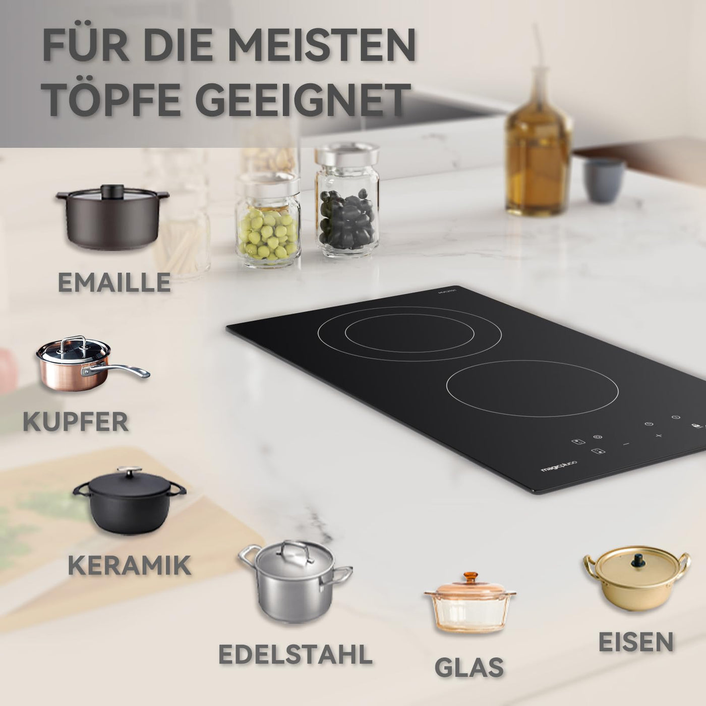 magicplux Glaskeramikkochfeld mit 2 kochfelder 29,5cm, 9 Heizstufen, Berührungssteuerung, Kindersicherung, Timer, Geeignet für alle Kochgeschirre, 3400W