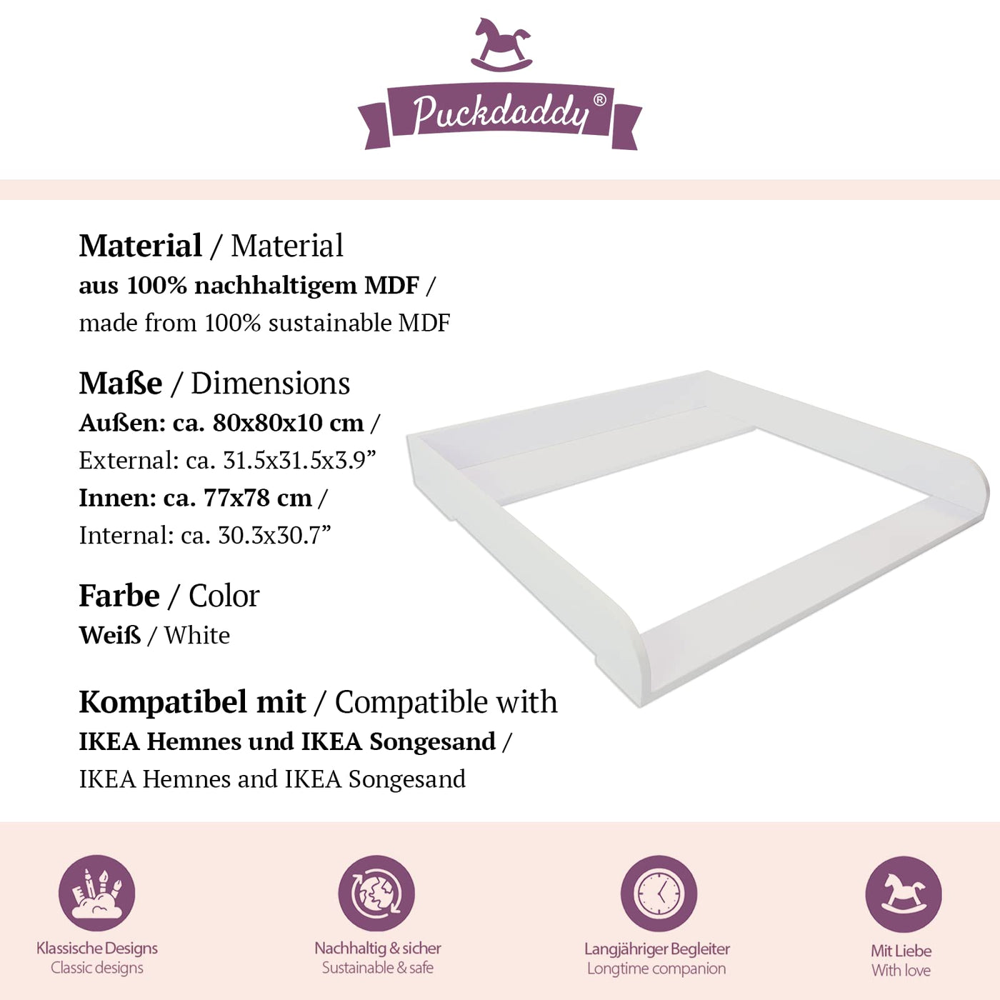 Puckdaddy – Wickelaufsatz Lasse kompatibel mit IKEA Hemnes Kommode u.Ä. – 80x80x10 cm aus Holz in Weiß – hochwertiger Wickeltischaufsatz inkl. Montagematerial zur Wandbefestigung