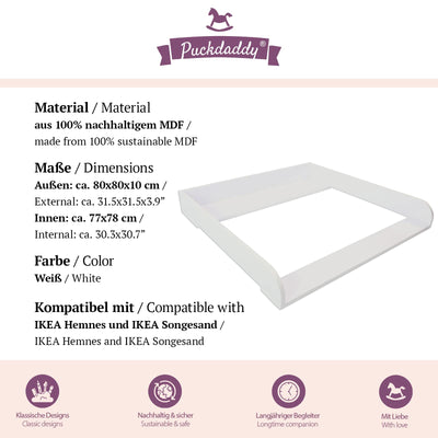 Puckdaddy – Wickelaufsatz Lasse kompatibel mit IKEA Hemnes Kommode u.Ä. – 80x80x10 cm aus Holz in Weiß – hochwertiger Wickeltischaufsatz inkl. Montagematerial zur Wandbefestigung