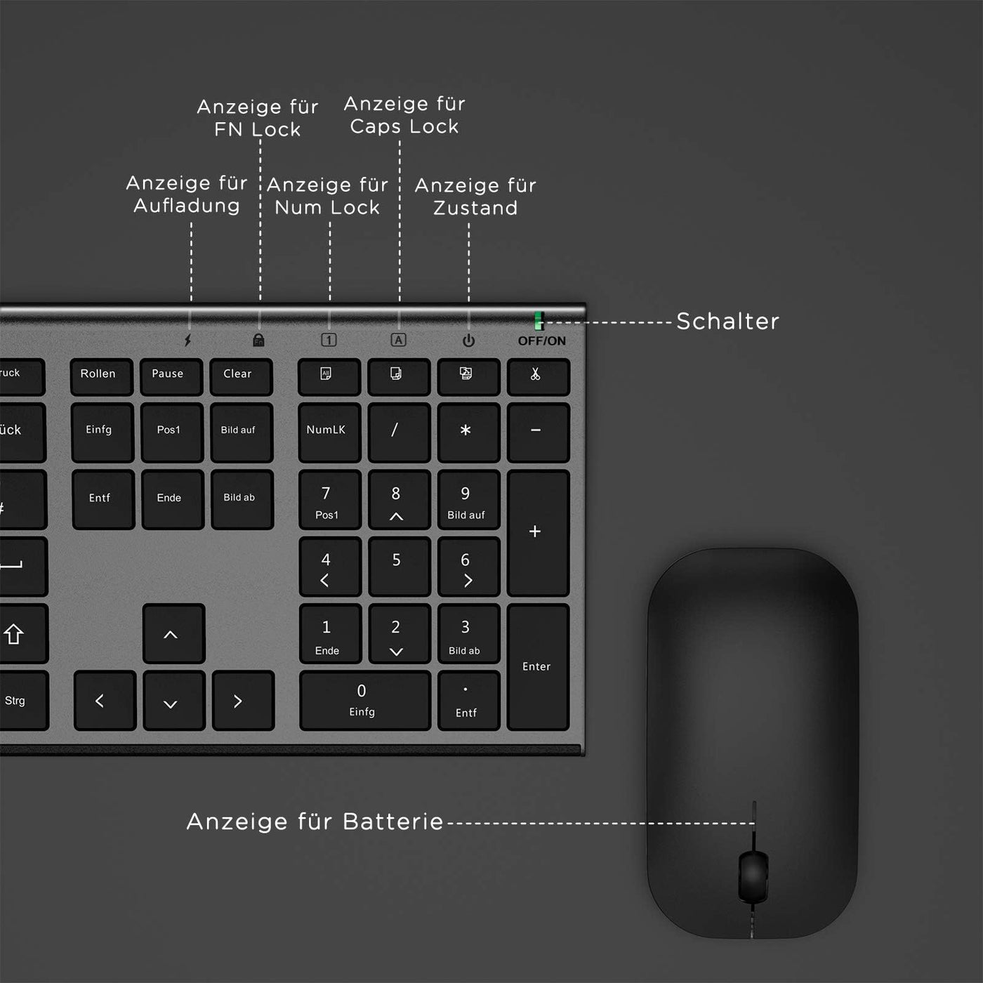 Kabelloses Tastatur Maus Set, seenda 2.4G Ultraflach Wireless Tastatur und Maus Aufladbar aus Aluminium, Deutsch QWERTZ Funktastatur Dünn für Windows/PC, Computer, Laptop, Smart-TV, Grau und Schwarz