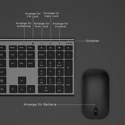 Kabelloses Tastatur Maus Set, seenda 2.4G Ultraflach Wireless Tastatur und Maus Aufladbar aus Aluminium, Deutsch QWERTZ Funktastatur Dünn für Windows/PC, Computer, Laptop, Smart-TV, Grau und Schwarz