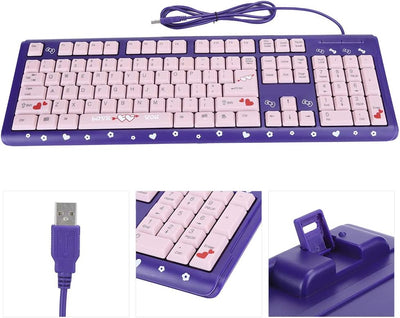 Sxhlseller 104 Tasten USB Wired Keyboard, QWERTY Ultra Thin Cartoon Computer Keyboard, wasserdichte Universal Mechanische Tastatur für Home Business Office Game(Lila Pulver)