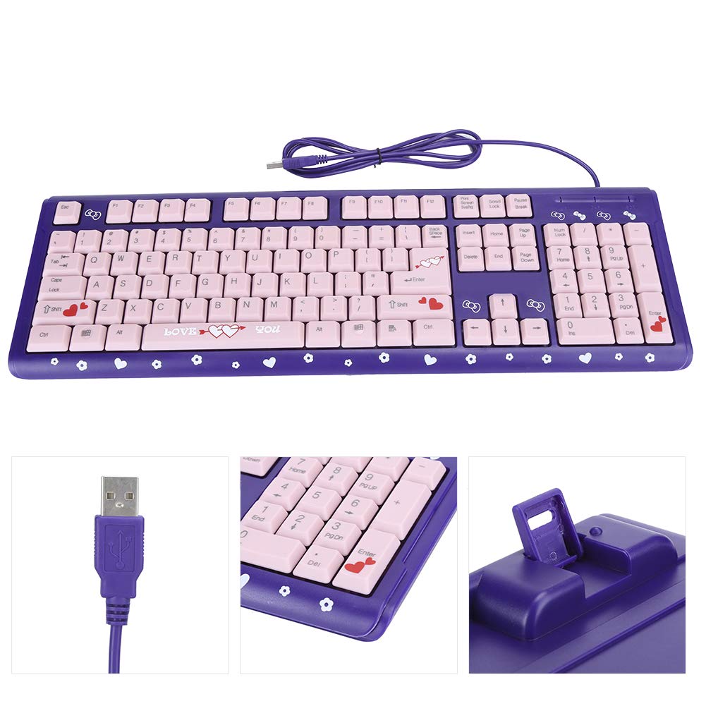 Sxhlseller 104 Tasten USB Wired Keyboard, QWERTY Ultra Thin Cartoon Computer Keyboard, wasserdichte Universal Mechanische Tastatur für Home Business Office Game(Lila Pulver)
