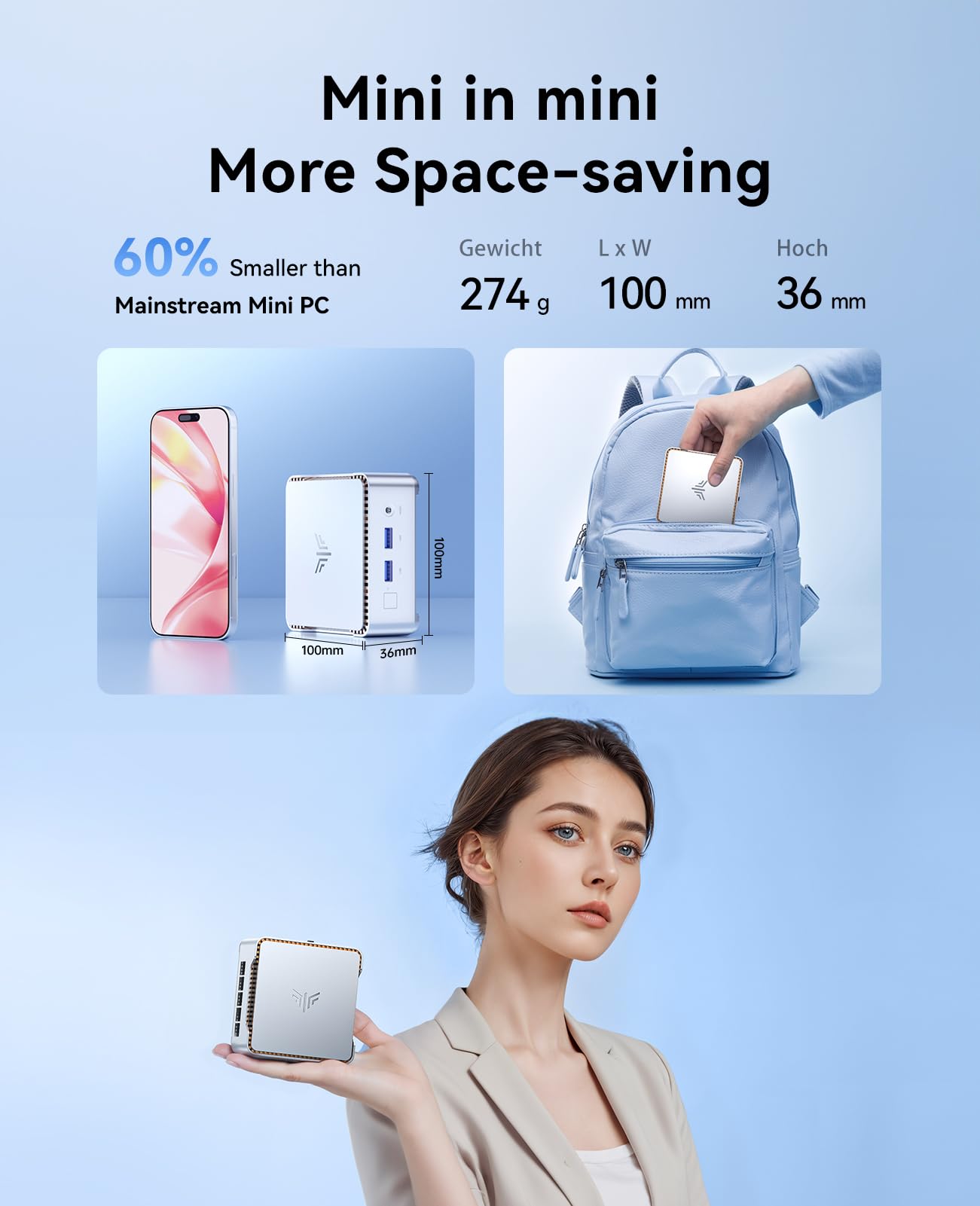 NiPoGi E2 Mini PC W-11 Pro, Ιntel Twin Lake N150(bis zu 3,6 GHz, 6 W TDP), 16 GB DDR4 512 GB M.2 SSD Mini Desktop Computer, 4K Dual Display, HDMI 2.0, DP, Dual-WiFi, VESA-Halterung für Schule, Büro.