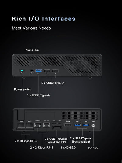 MINIS FORUM MS-01 Mini PC, Core i9-12900H Prozessor mit 14 Kernen/20 Threads bis zu 5,0 GHz, DDR5/M.2 2280 NVME SSD, Mini Desktop Computer, HDMI/2 x USB4, 2x10G× SFP+, 2.5GRJ45x2