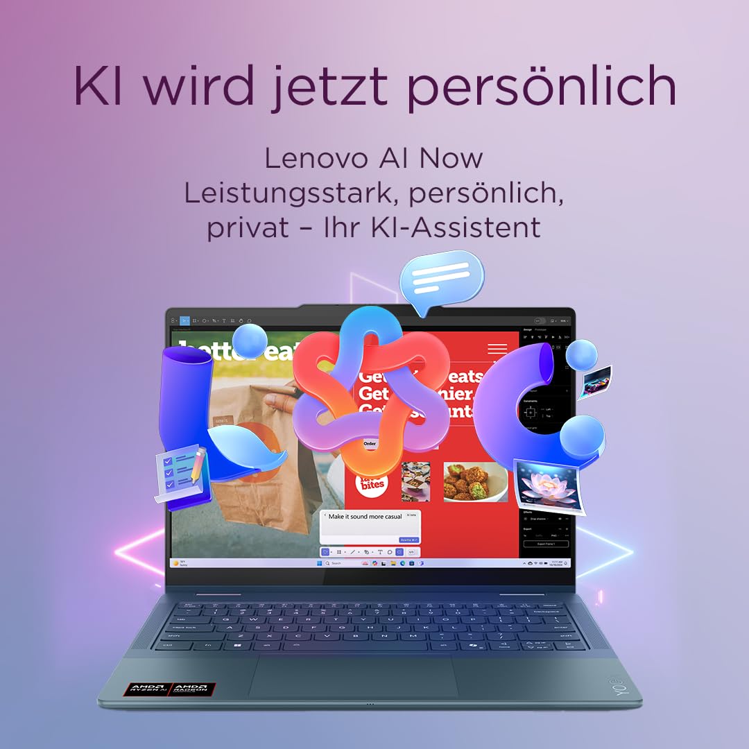 Lenovo Yoga 7 2-in-1 Laptop | Copilot+ PC | 14" WUXGA OLED Display | AMD Ryzen AI 5 | AMD Radeon Grafik | 16GB RAM | 512GB SSD | Win11 | QWERTZ | Tidal Teal | Inkl. Pen | 3 Monate Premium Care