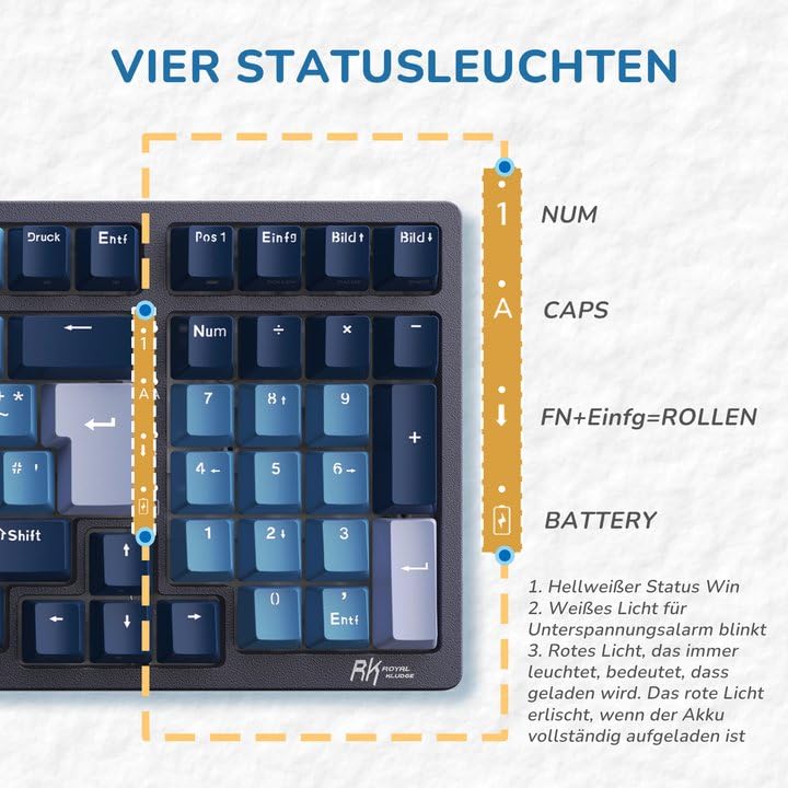 RK ROYAL KLUDGE RK98 Mechanische Tastatur Kabellose Gaming Tastatur 2.4G/Bluetooth 5.1/USB-C RGB Hinterleuchtet Deutsches Layout QWERTZ 100 Tasten Hot Swappable Braune Schalter, Blau