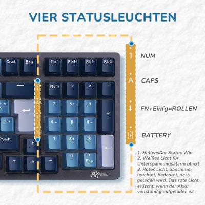 RK ROYAL KLUDGE RK98 Mechanische Tastatur Kabellose Gaming Tastatur 2.4G/Bluetooth 5.1/USB-C RGB Hinterleuchtet Deutsches Layout QWERTZ 100 Tasten Hot Swappable Braune Schalter, Blau