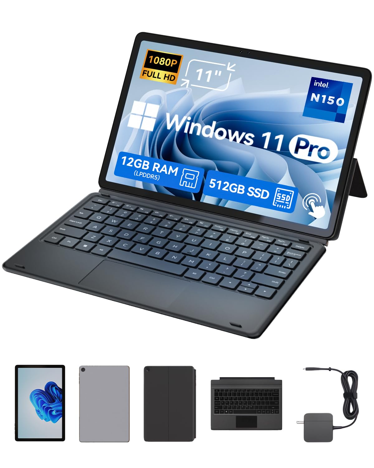 BNCF 11 Zoll 2-in-1 Laptops, Win 11 Touchscreen PC kompatibel mit Alder Lake N150, 12GB RAM 512GB SSD, 1920x1200 IPS FHD Tablet USB-C/HDMI WiFi 6 mit magnetischer Tastatur und Kickstand