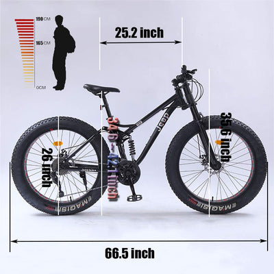 Wmmner 26 Zoll Mountainbikes Mit Doppelfederung Für Erwachsene Männer Frauen, Fettreifen Anti-Rutsch Mechanische Scheibenbremsen Mountainbike, All Terrain High Carbon Steel Bike, Rot, 27 Geschwindigke
