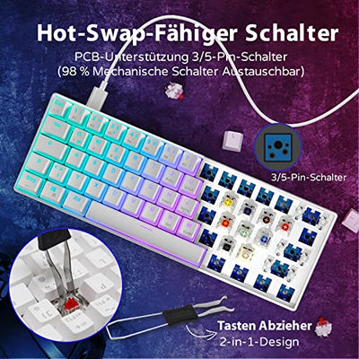 RK61 Mechanische Gaming-Tastatur, 2,4 GHz Wireless/Bluetooth/Wired 60% Mechanische Tastatur 61 Tasten Hot-Swap-fähiger Blauer Schalter mit RGB-Beleuchtung Kompatibel für Win/Mac, Weiß (QWERTZ)