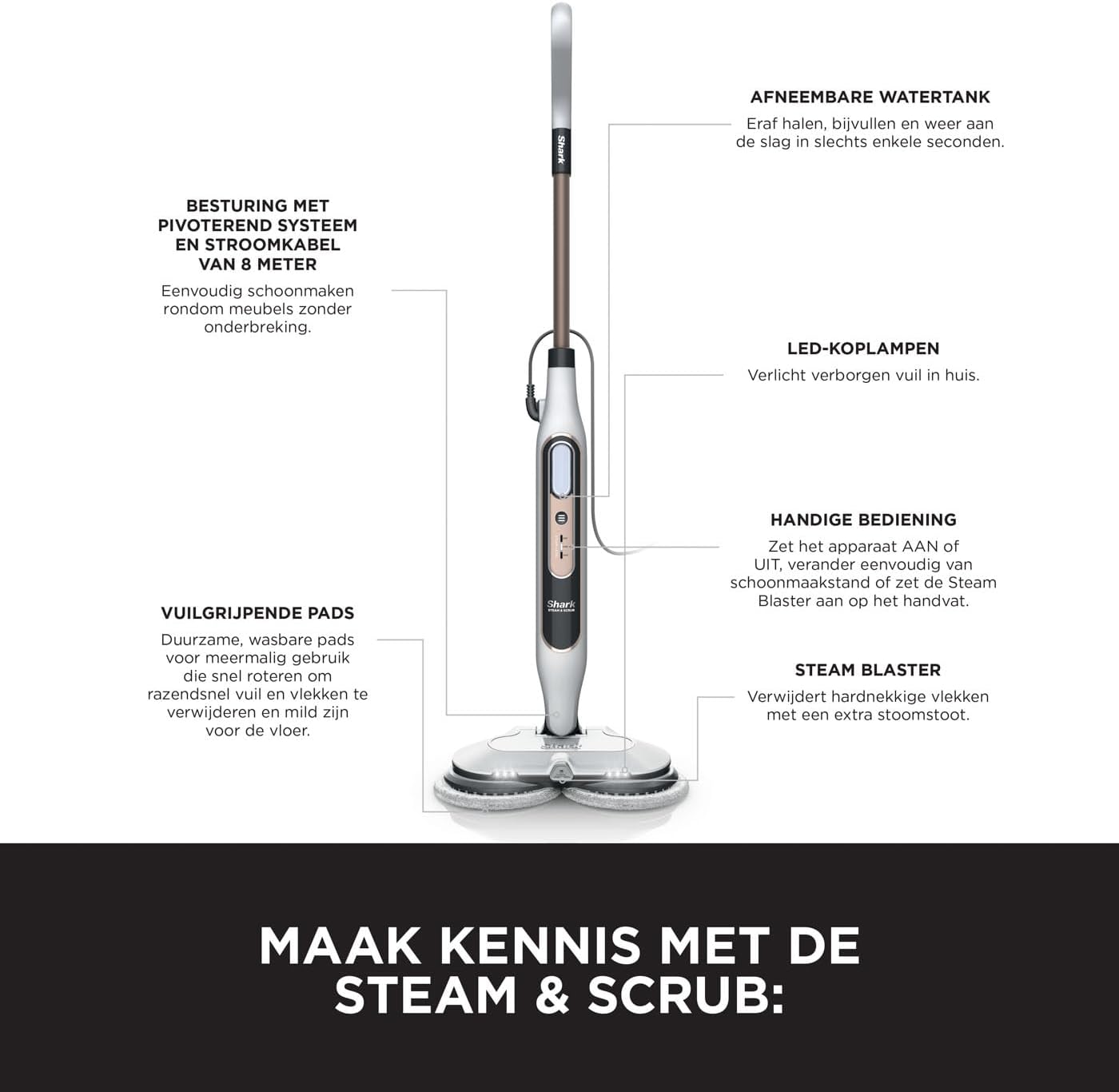 Shark Dampfreiniger, automatischer Dampfbesen mit Steam Blaster, 2 rotierende Power Pads, 3 Dampfstufen, desinfiziert, entfernt Flecken und Schmutz, für versiegelte Hartböden, weiß und grau S8201EU