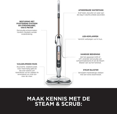 Shark Dampfreiniger, automatischer Dampfbesen mit Steam Blaster, 2 rotierende Power Pads, 3 Dampfstufen, desinfiziert, entfernt Flecken und Schmutz, für versiegelte Hartböden, weiß und grau S8201EU