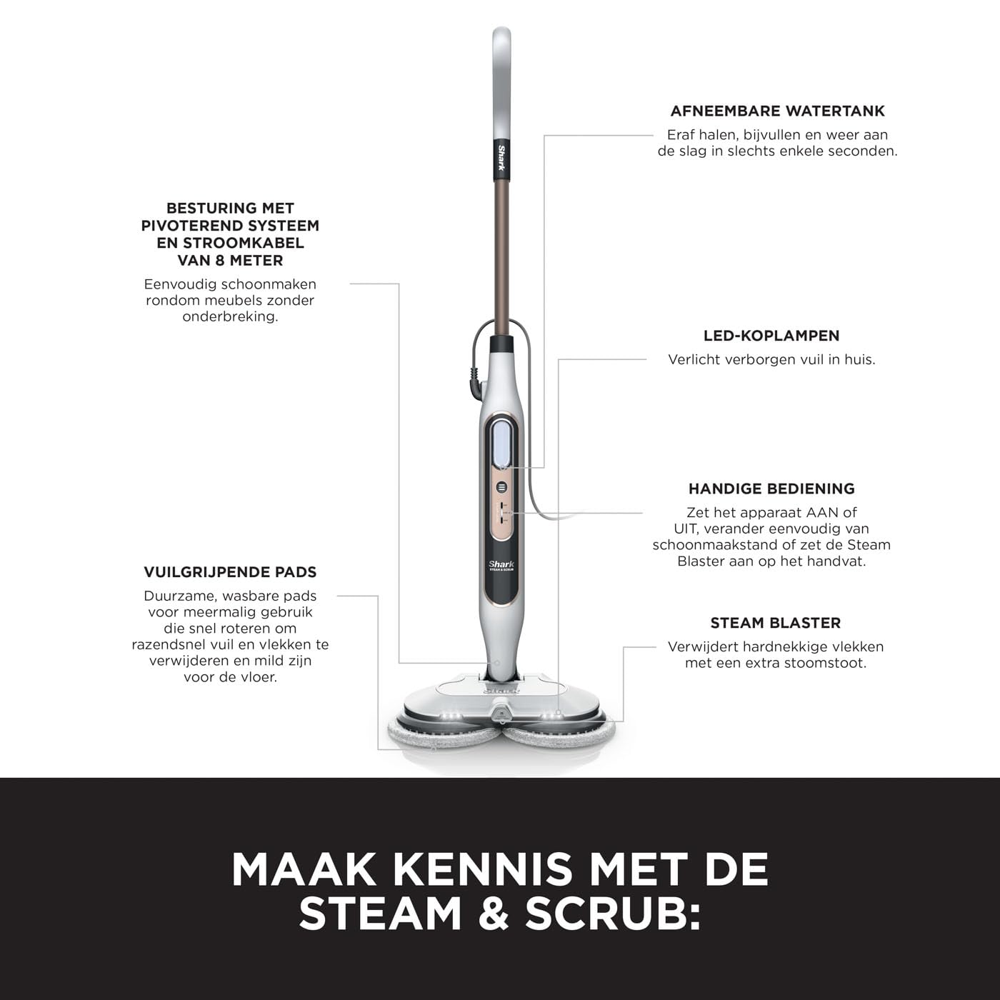 Shark Dampfreiniger, automatischer Dampfbesen mit Steam Blaster, 2 rotierende Power Pads, 3 Dampfstufen, desinfiziert, entfernt Flecken und Schmutz, für versiegelte Hartböden, weiß und grau S8201EU