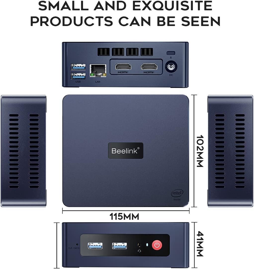 Beelink Mini S Mini-PC W11 Pro, Prozessor der 11. Generation N5095 (max. 2,9 GHz), 8 GB DDR4 + 128 GB SSD, WiFi 5 (802.11 b/g/n/ac), Bluetooth 4.0, Dual HDMI, 4k, USB 3.0
