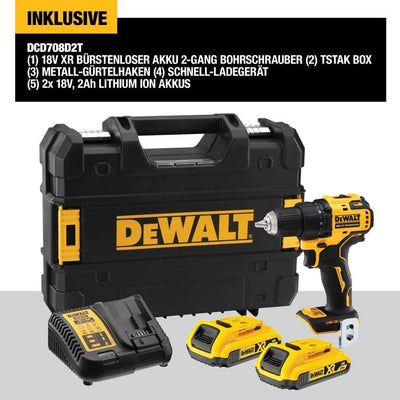 Dewalt 18V XR 2-Gang Akku-Bohrschrauber DCD708D2T (bürstenloses Vollmetall-Getriebe, 13 Mm Vollmetall-Schnellspann-Bohrfutter, LED-Arbeitslicht, Inkl. 2x Akkus, Ladegerät, Gürtelclip, T Stak Box)