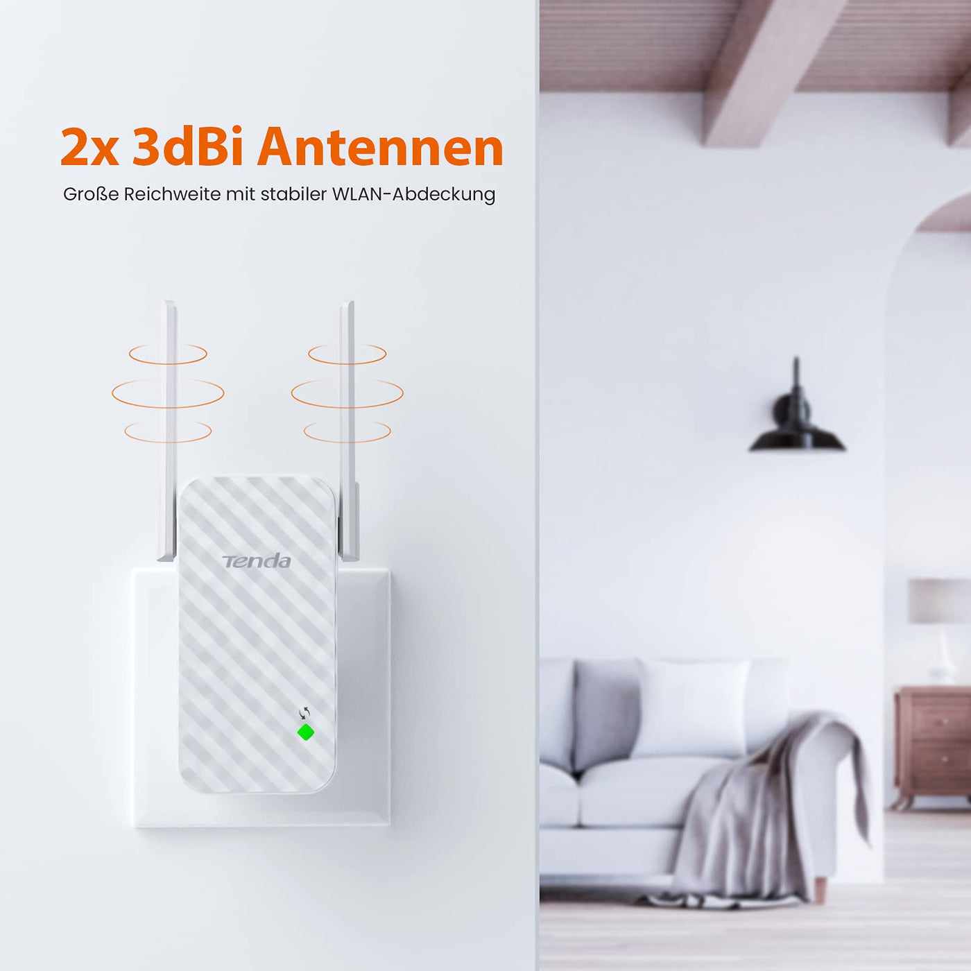 Tenda WLAN Verstärker A9, N300 WLAN Repeater mit 3dbi-Antennen, Signalverstärker mit WPS, WiFi Extender, Signalstärkeanzeige, hohe Reichweite und Wanddurchdringung, kompatibel mit Allen WLAN Routern