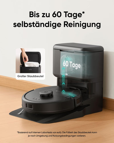 eufy L60 Saugroboter mit Absaugstation und Wischfunktion, 5.000Pa Saugkraft, Anti-Haar-Verwicklung, Absaugstation 60 Tage ohne Leeren, iPath-Laser-Navigation, für Hartböden