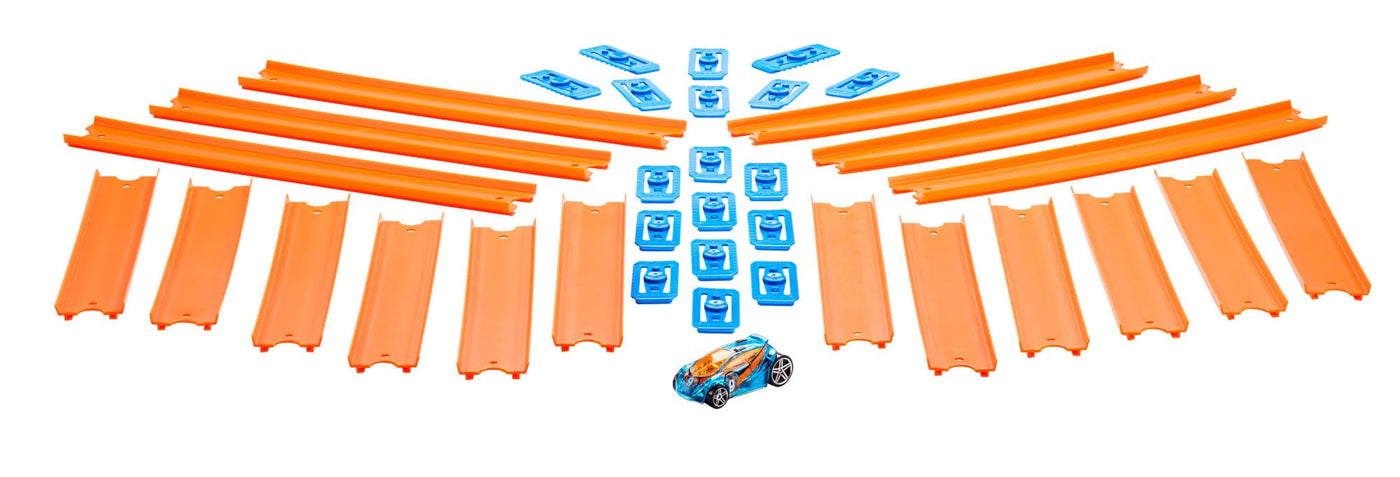 Hot Wheels Bahn Track Builder, Trackteile & Verbindungsstücke (36 Teile) für Autorennbahnen der Hot Wheels Autos, inkl. 1 Spielzeugauto, Auto Spielzeug, Spielzeug ab 4 Jahre, BHT77
