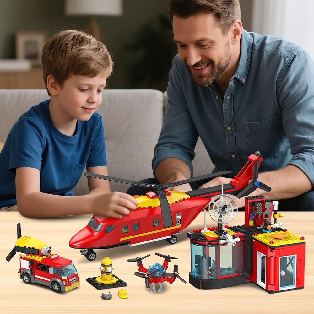 HiWEEGO 3 IN 1 City Feuerwehr Löschflugzeug Bauspielzeug, Flugzeug Bausteine Spielzeug, 803 Teiles Feuerwehr Flugzeuge Bausatz Geburtstag Kinder Jahren Jungen Mädche ab 6 7 8