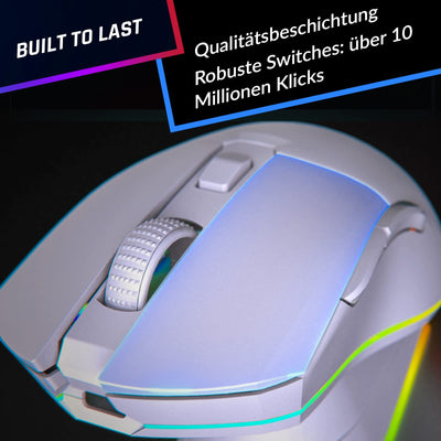 KLIM Blaze Pro – Gaming-Maus, kabellos, RGB wiederaufladbar, mit Ladestation – Neuheit 2024 – Hochpräziser Sensor mit Langer Akkulaufzeit – 6000 DPI – kabelgebundene und kabellose Maus – Weiß