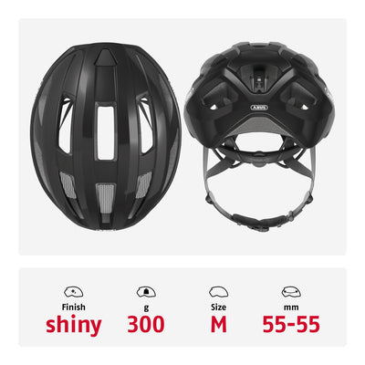 ABUS Rennradhelm Macator - sportiver Fahrradhelm für Einsteiger - auch für Zopfträger/-innen - für Damen und Herren - Schwarz Glänzend, Größe M