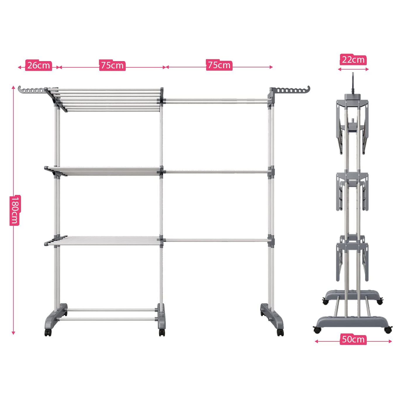 Shrivee Wäscheständer Turm, 3 Etagen mit 6 klappbaren Flügeln, Wäscheständer Ausziehbar Länge 66-130 cm, klappbarer Waschestander für Innen und Außen große Familien aus Edelstahl Bettwäsche
