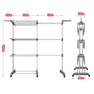 Shrivee Wäscheständer Turm, 3 Etagen mit 6 klappbaren Flügeln, Wäscheständer Ausziehbar Länge 66-130 cm, klappbarer Waschestander für Innen und Außen große Familien aus Edelstahl Bettwäsche