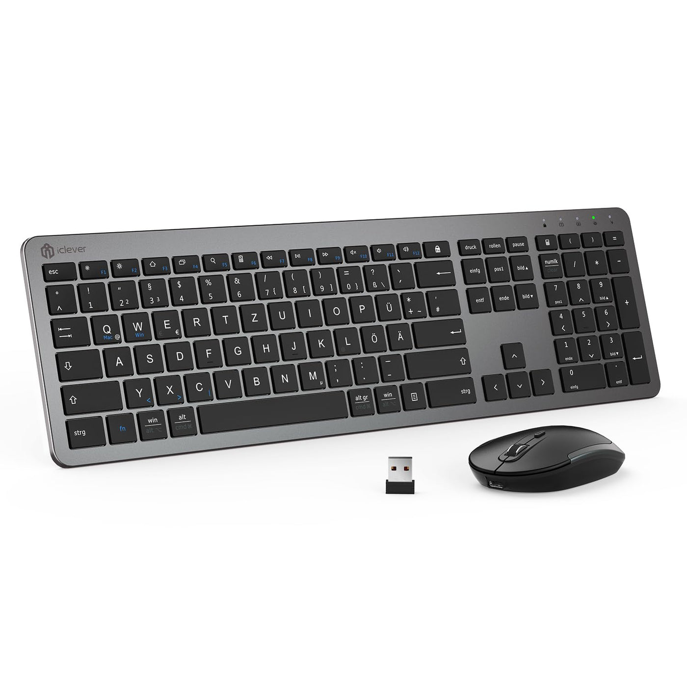 iClever GK08 Wireless Keyboard and Mouse - 2.4G Ultraslim Rechargeable Wireless Keyboard Mouse Set for PC, Desktop, Notebook, Laptop, Windows Mac OS, QWERTZ Layout, Black and Grey