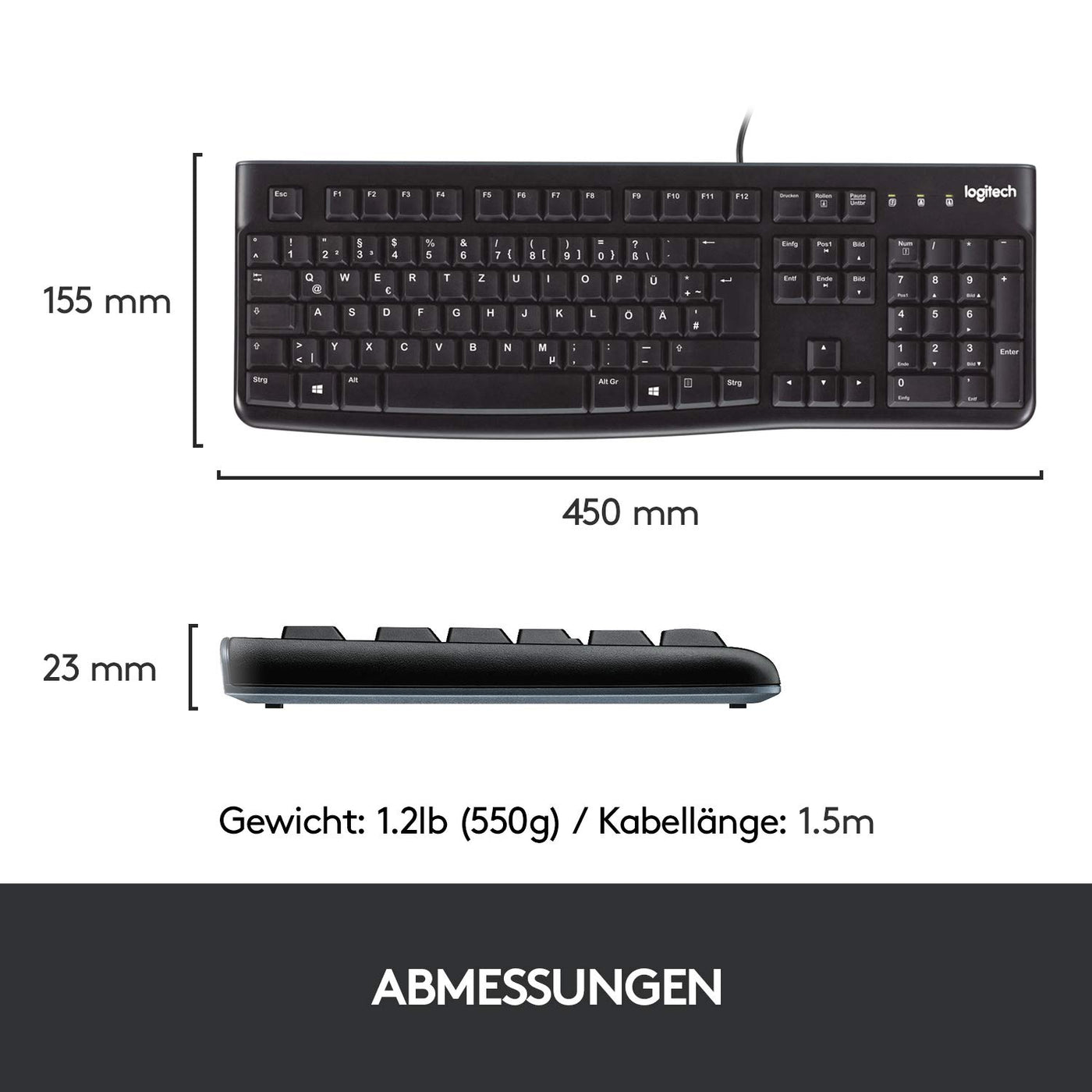 Logitech K120 Kabelgebundene Business Tastatur für Windows und Linux, USB-Anschluss, Leises Tippen, Robust, Spritzwassergeschützt, Tastaturaufsteller, Deutsches QWERTZ-Layout - Schwarz