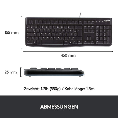 Logitech K120 Kabelgebundene Business Tastatur für Windows und Linux, USB-Anschluss, Leises Tippen, Robust, Spritzwassergeschützt, Tastaturaufsteller, Deutsches QWERTZ-Layout - Schwarz