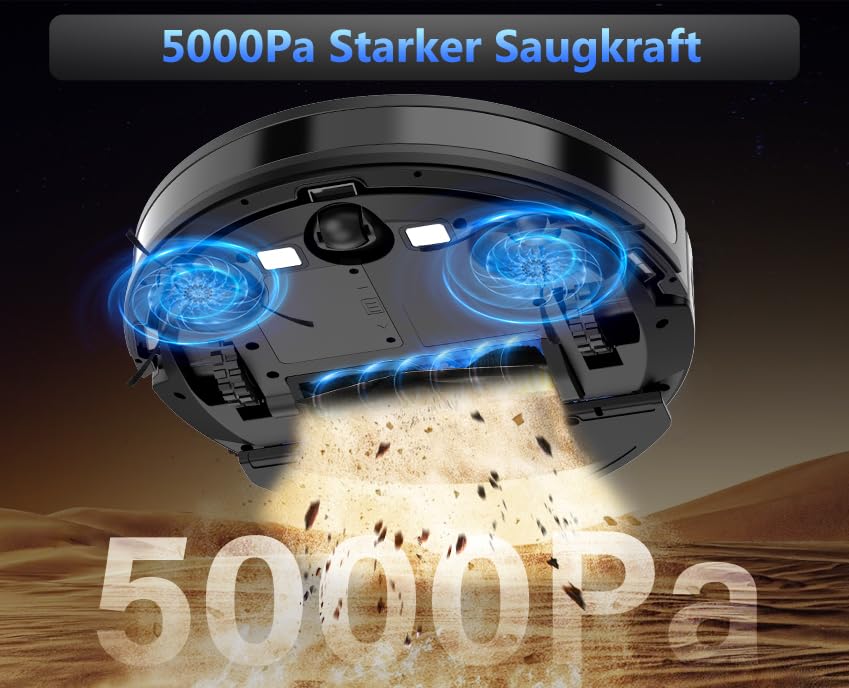 Tikom Saugroboter mit Wischfunktion 2 in 1, G8000 Max Staubsauger Roboter, 5000Pa Starke Saugkraft Roboterstaubsauger, Selbstaufladend, WLAN, 150Mins Max, Ideal für Tierhaare, Teppich, Hartboden